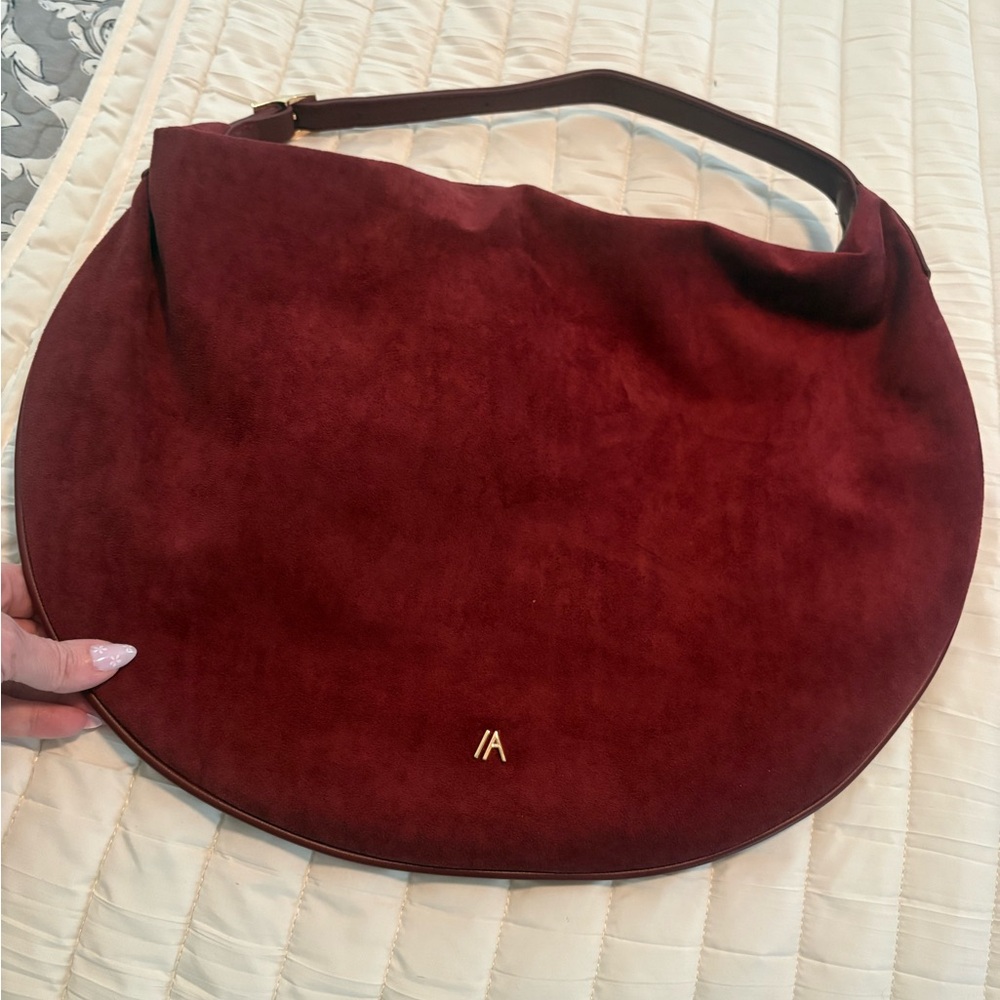 NEW. NEVER USED. Izzy & Ali Vegan Suede Half-Moon Shoulder Bag in Deep Burgundy